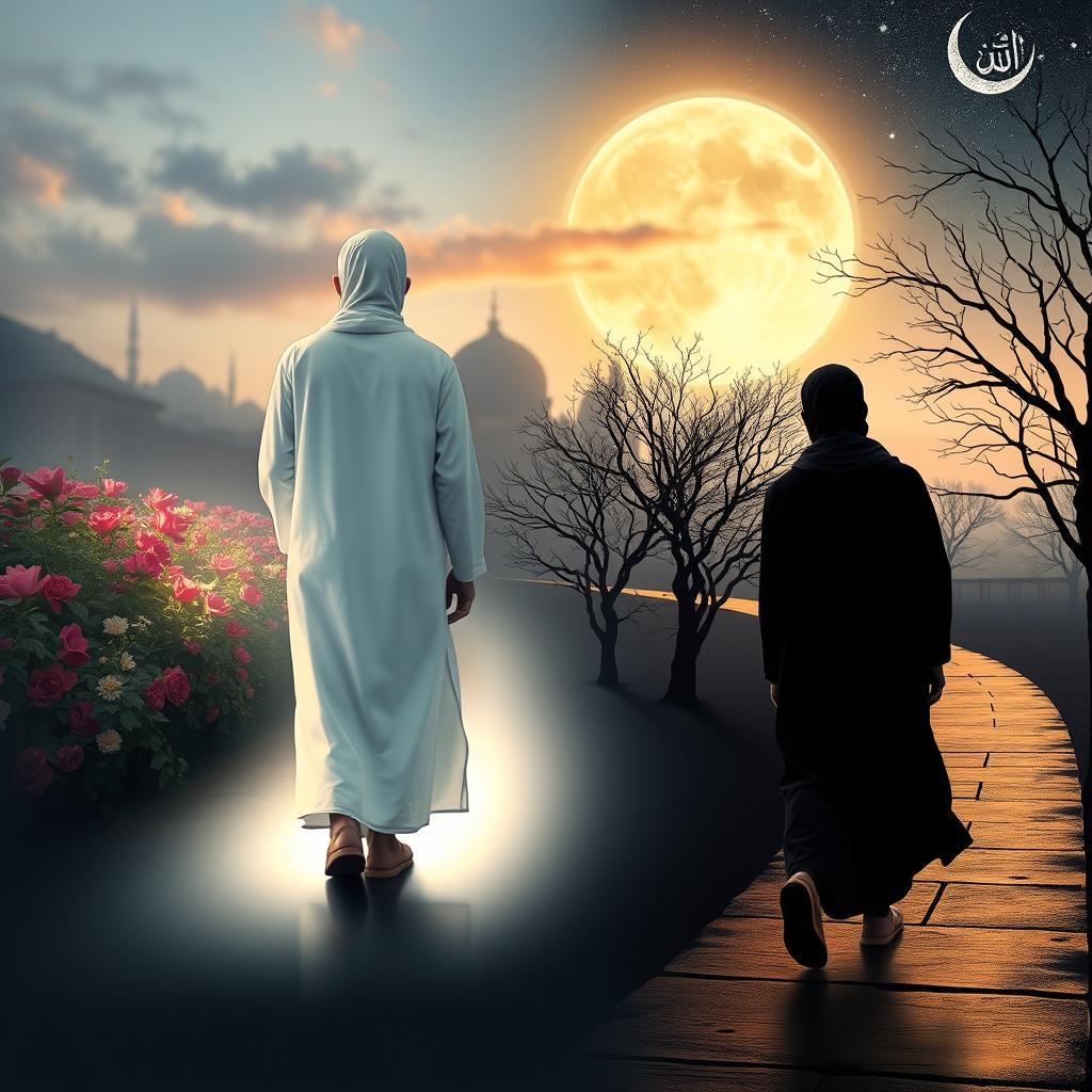 Two Muslim individuals, one dressed in traditional white clothing walking on a illuminated path representing light, surrounded by soft ethereal glows, while the other, in darker hues, strolls along a shadowy, dimly lit path symbolizing darkness