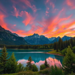 A serene mountain landscape at sunset, with vibrant orange and pink hues reflecting off the clouds