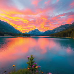 A serene mountain landscape at sunset, with vibrant orange and pink hues reflecting off the clouds