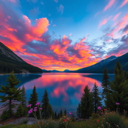 A serene mountain landscape at sunset, with vibrant orange and pink hues reflecting off the clouds