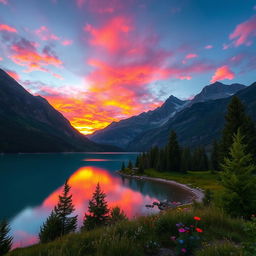A serene mountain landscape at sunset, with vibrant orange and pink hues reflecting off the clouds
