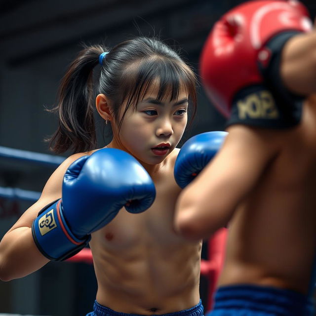 A dynamic and intense scene of a young Korean girl engaged in a boxing match in the ring