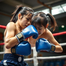 A dynamic and intense scene of a young Korean girl engaged in a boxing match in the ring