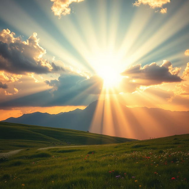 A breathtaking scene featuring rays of light streaming down from a vibrant, dramatic sky, illuminating a serene landscape below