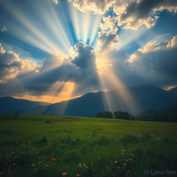 A breathtaking scene featuring rays of light streaming down from a vibrant, dramatic sky, illuminating a serene landscape below
