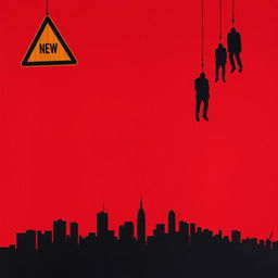 A chilling scene with a dark red background, featuring a skyline of New York City stretching across the bottom of the image from right to left, depicted in stark black