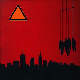 A chilling scene with a dark red background, featuring a skyline of New York City stretching across the bottom of the image from right to left, depicted in stark black