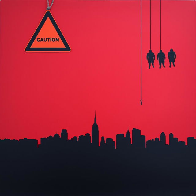 A chilling scene with a dark red background, featuring a skyline of New York City stretching across the bottom of the image from right to left, depicted in stark black