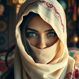 A beautiful Arabian woman wearing a traditional cloth veil that covers her face except for her striking blue eyes