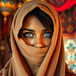 A beautiful Arabian woman wearing a traditional cloth veil that covers her face except for her striking blue eyes