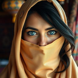 A beautiful Arabian woman wearing a traditional cloth veil that covers her face except for her striking blue eyes