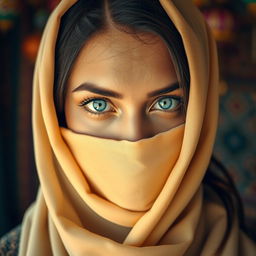 A beautiful Arabian woman wearing a traditional cloth veil that covers her face except for her striking blue eyes