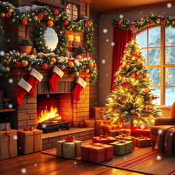 A beautifully decorated Christmas background, featuring a cozy living room with a glowing fireplace, adorned with colorful ornaments, a sparkling Christmas tree with twinkling lights, and wrapped presents underneath