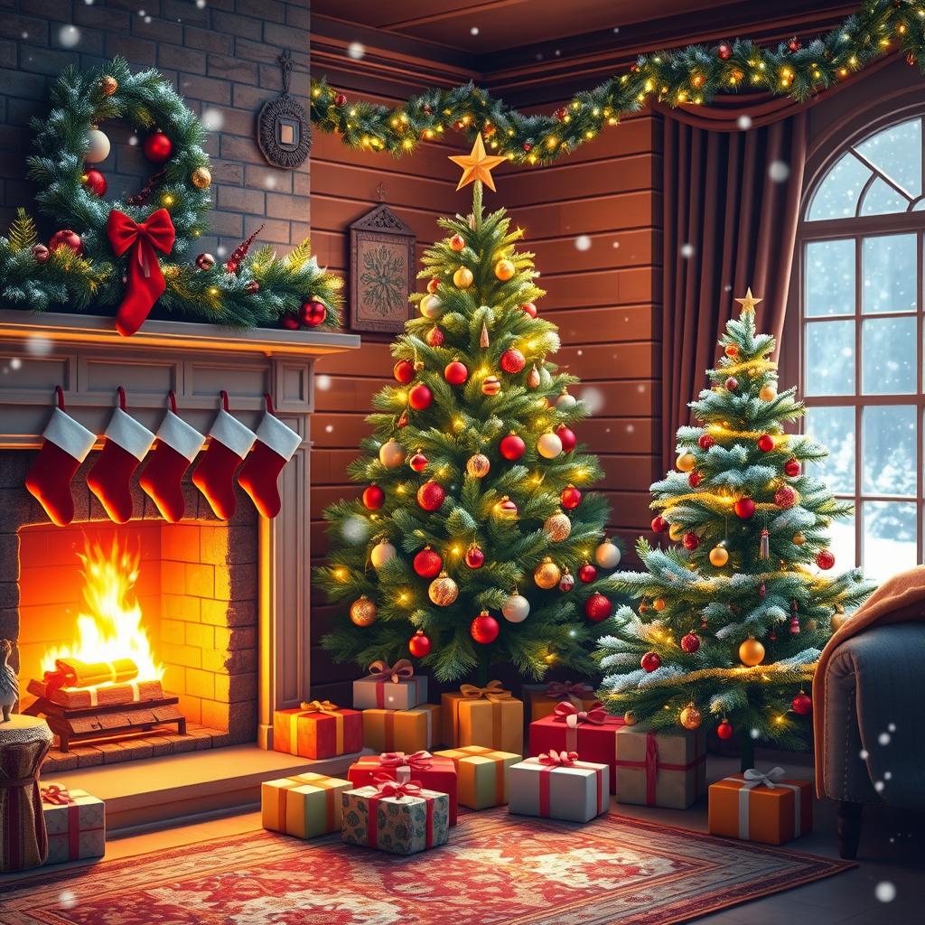 A beautifully decorated Christmas background, featuring a cozy living room with a glowing fireplace, adorned with colorful ornaments, a sparkling Christmas tree with twinkling lights, and wrapped presents underneath