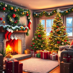 A beautifully decorated Christmas background, featuring a cozy living room with a glowing fireplace, adorned with colorful ornaments, a sparkling Christmas tree with twinkling lights, and wrapped presents underneath
