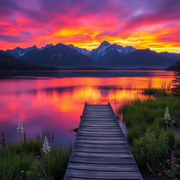 An enchanting landscape featuring a surreal sunset over a tranquil lake, with vibrant purple and orange skies reflecting on the water's surface
