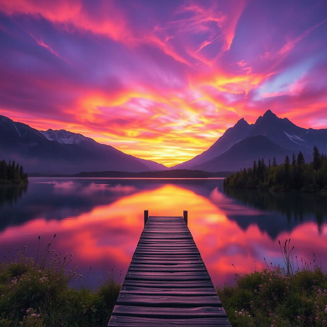 An enchanting landscape featuring a surreal sunset over a tranquil lake, with vibrant purple and orange skies reflecting on the water's surface