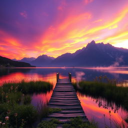 An enchanting landscape featuring a surreal sunset over a tranquil lake, with vibrant purple and orange skies reflecting on the water's surface