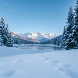 A picturesque winter landscape featuring a tranquil scene blanketed in fresh, soft snow