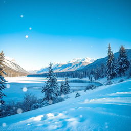 A picturesque winter landscape featuring a tranquil scene blanketed in fresh, soft snow