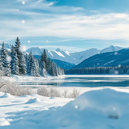 A picturesque winter landscape featuring a tranquil scene blanketed in fresh, soft snow