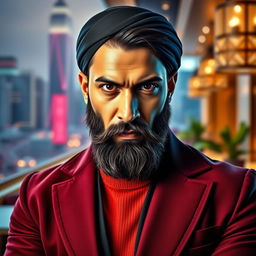 A portrait of a confident and self-assured Muslim man, dressed in a stylish, modern outfit