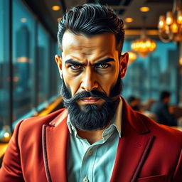 A portrait of a confident and self-assured Muslim man, dressed in a stylish, modern outfit