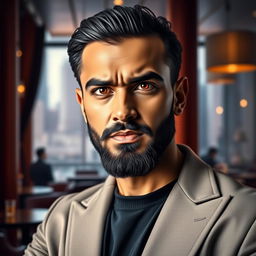 A portrait of a confident and self-assured Muslim man, dressed in a stylish, modern outfit