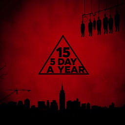 A haunting scene with a deep crimson background, featuring a skyline of New York City at the bottom of the image from right to left, entirely depicted in black