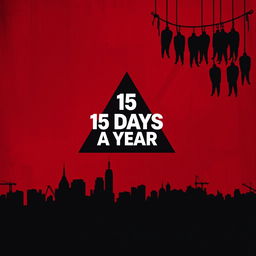A haunting scene with a deep crimson background, featuring a skyline of New York City at the bottom of the image from right to left, entirely depicted in black