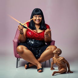 A plus-size Indian auntie with straight hair, wearing a striking black sequin mini skirt and a dazzling red sequin top