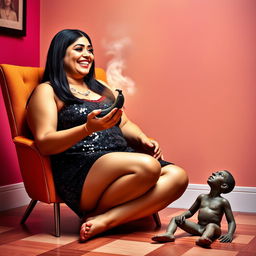 A plus-size Indian auntie with straight hair, wearing a striking black sequin mini skirt and a dazzling red sequin top