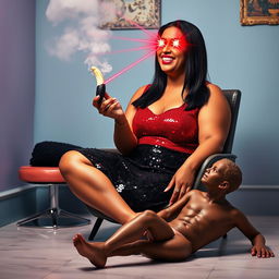 A plus-size Indian auntie with straight hair, wearing a striking black sequin mini skirt and a dazzling red sequin top