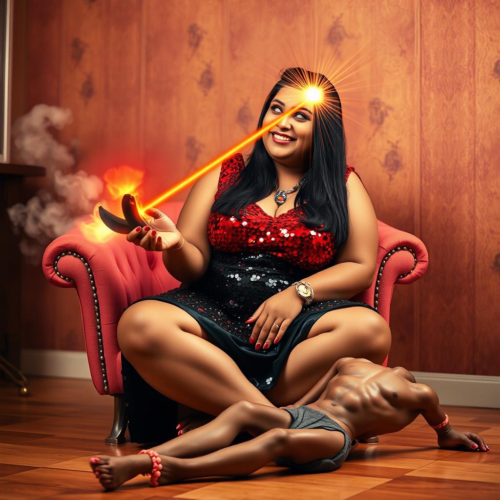 A plus-size Indian auntie with straight hair, wearing a striking black sequin mini skirt and a dazzling red sequin top