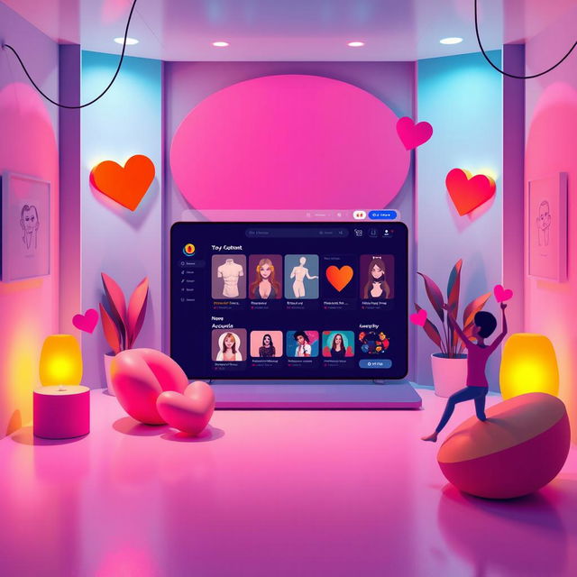 An imaginative and creative representation of the concept of an online adult content platform, showcasing a stylized environment that embodies a safe and playful atmosphere of entertainment