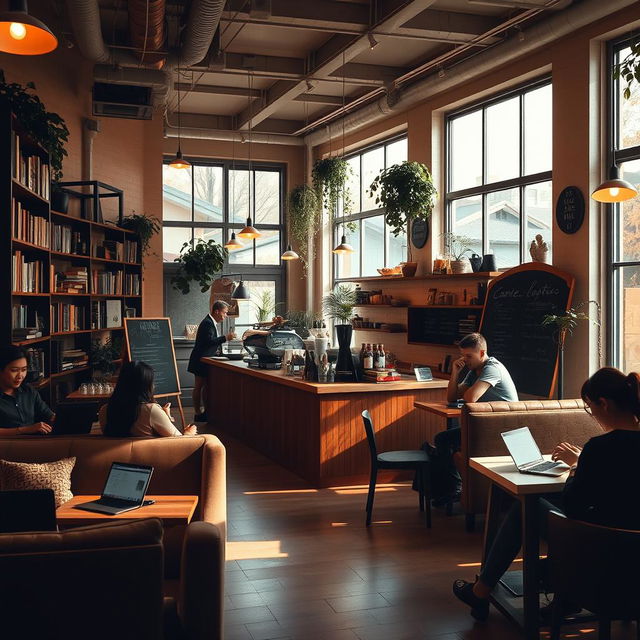 A cozy cafe interior scene featuring soft ambient lighting, with comfortable seating areas and shelves filled with books