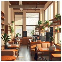A cozy cafe interior scene featuring soft ambient lighting, with comfortable seating areas and shelves filled with books