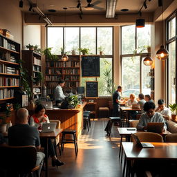 A cozy cafe interior scene featuring soft ambient lighting, with comfortable seating areas and shelves filled with books