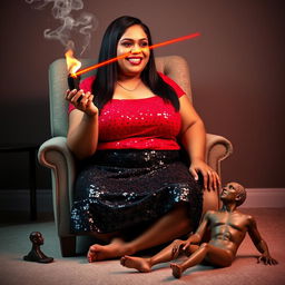 A plus-size Indian auntie with straight hair, styled elegantly, wearing a sparkling black sequin mini skirt and a bright red sequin top