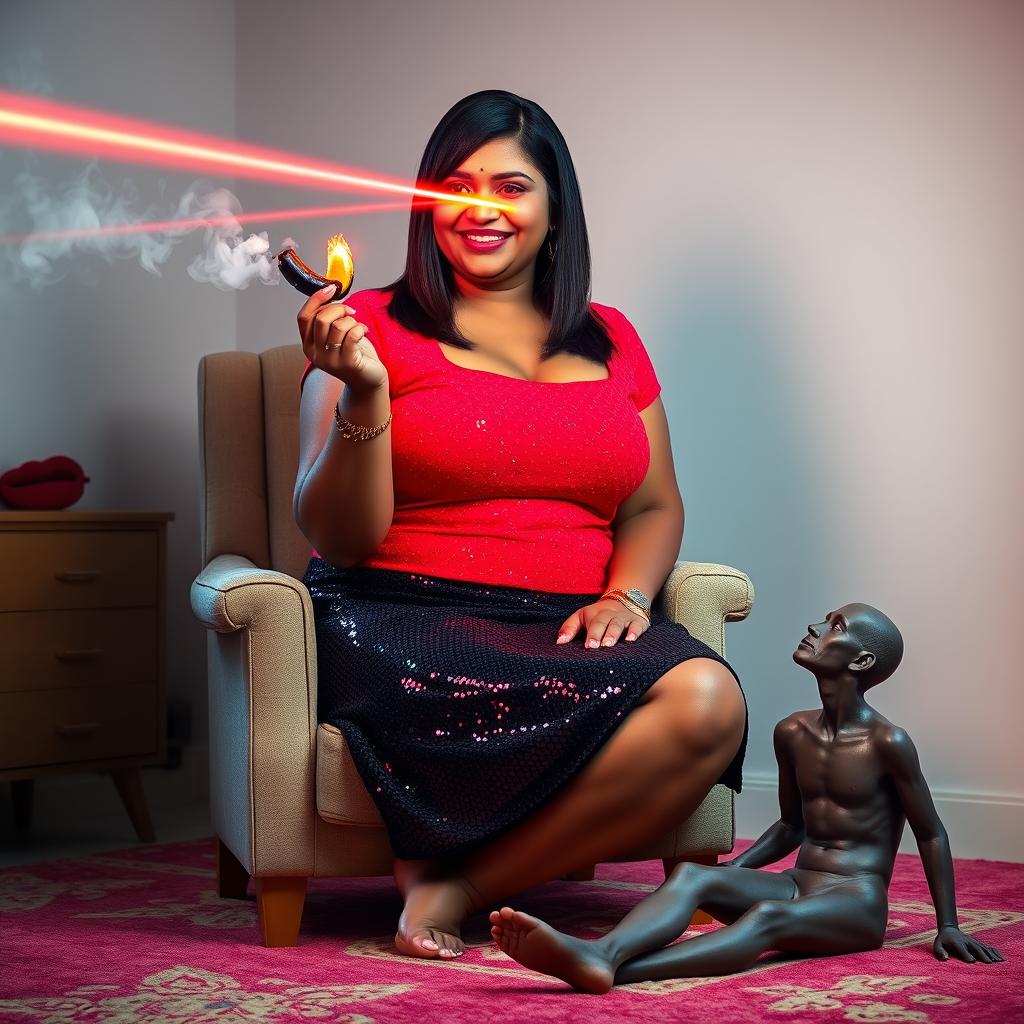 A plus-size Indian auntie with straight hair, styled elegantly, wearing a sparkling black sequin mini skirt and a bright red sequin top