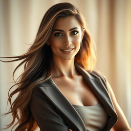 A stunning portrait of a confident and alluring woman with long, flowing hair, striking features and a captivating smile