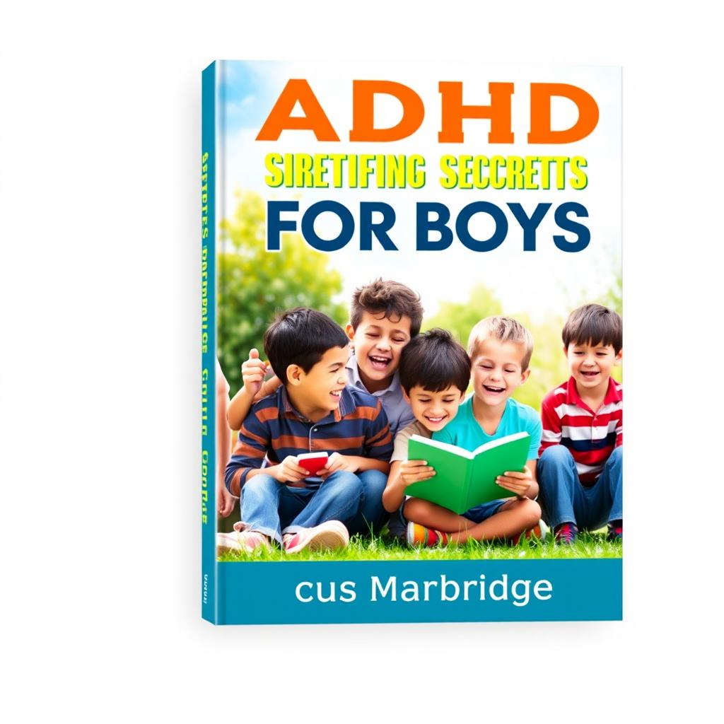 A flat book cover design featuring a realistic background image of a joyful, diverse group of boys engaging in various activities, such as playing, reading, and exploring nature