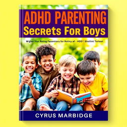 A flat book cover design featuring a realistic background image of a joyful, diverse group of boys engaging in various activities, such as playing, reading, and exploring nature