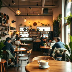 A cozy coffee shop interior filled with soft ambient lighting, wooden furniture, and scattered plants