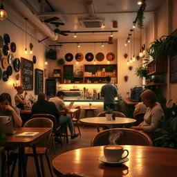 A cozy coffee shop interior filled with soft ambient lighting, wooden furniture, and scattered plants