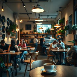 A cozy coffee shop interior filled with soft ambient lighting, wooden furniture, and scattered plants