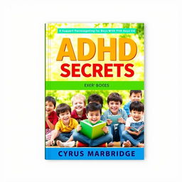 A vibrant book cover design titled 'ADHD Parenting Secrets for Boys' by Cyrus Marbridge