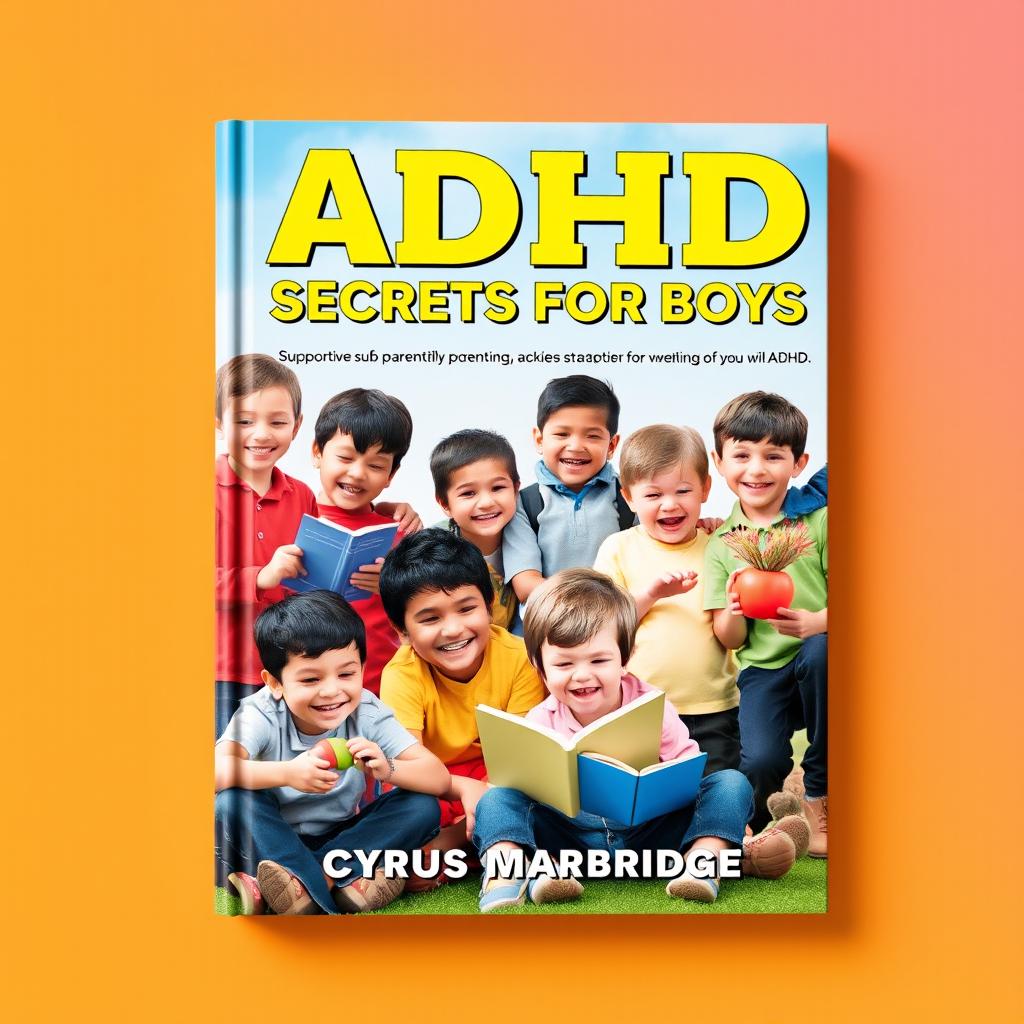 A vibrant book cover design titled 'ADHD Parenting Secrets for Boys' by Cyrus Marbridge