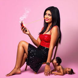 An Indian auntie with straight hair, stylishly dressed in a black sequin mini skirt and a bright red sequin top, is sitting on a chair