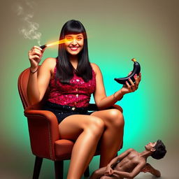An Indian auntie with straight hair, stylishly dressed in a black sequin mini skirt and a bright red sequin top, is sitting on a chair